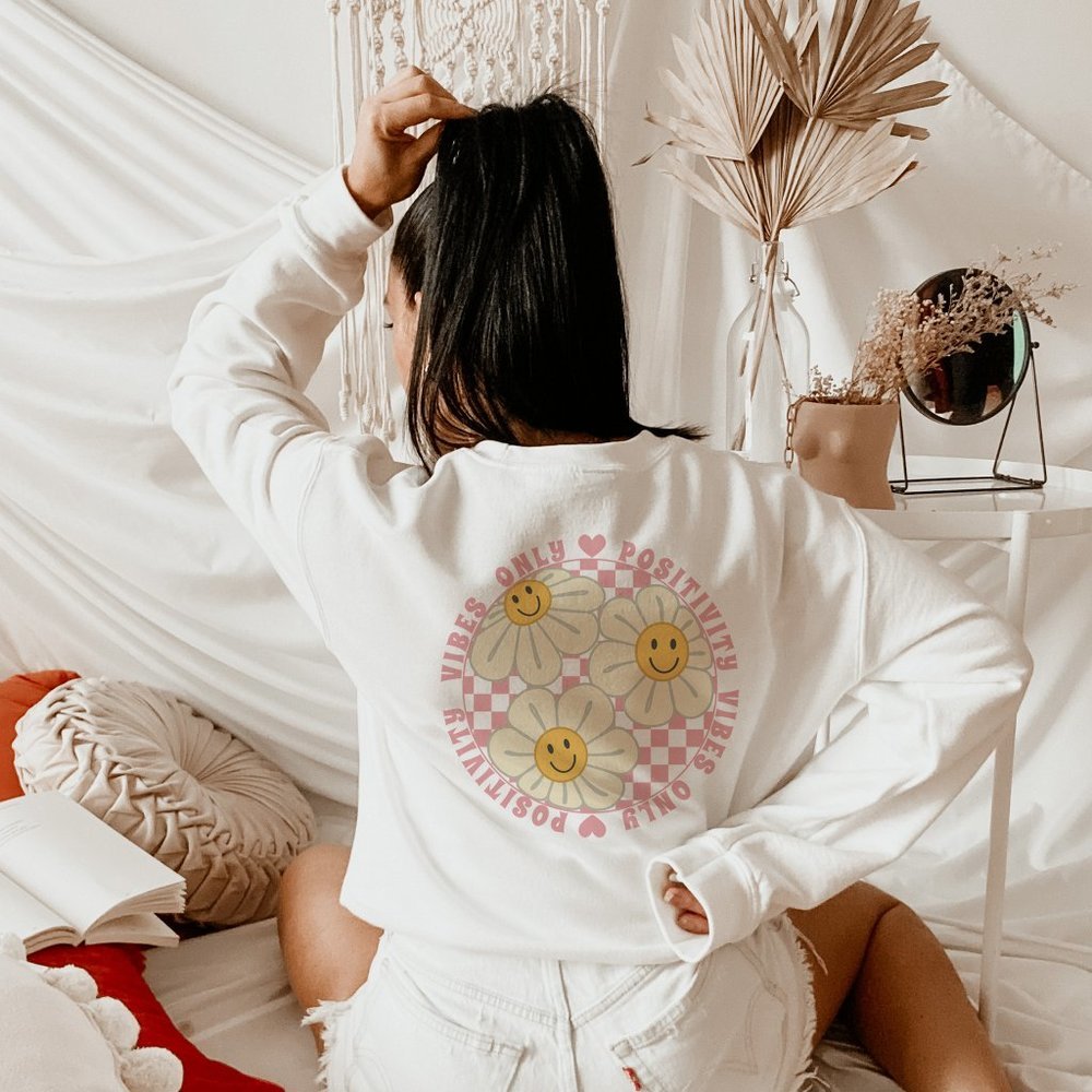 Positivity Vibes Only Pink Checkered Smiley Sweatshirt